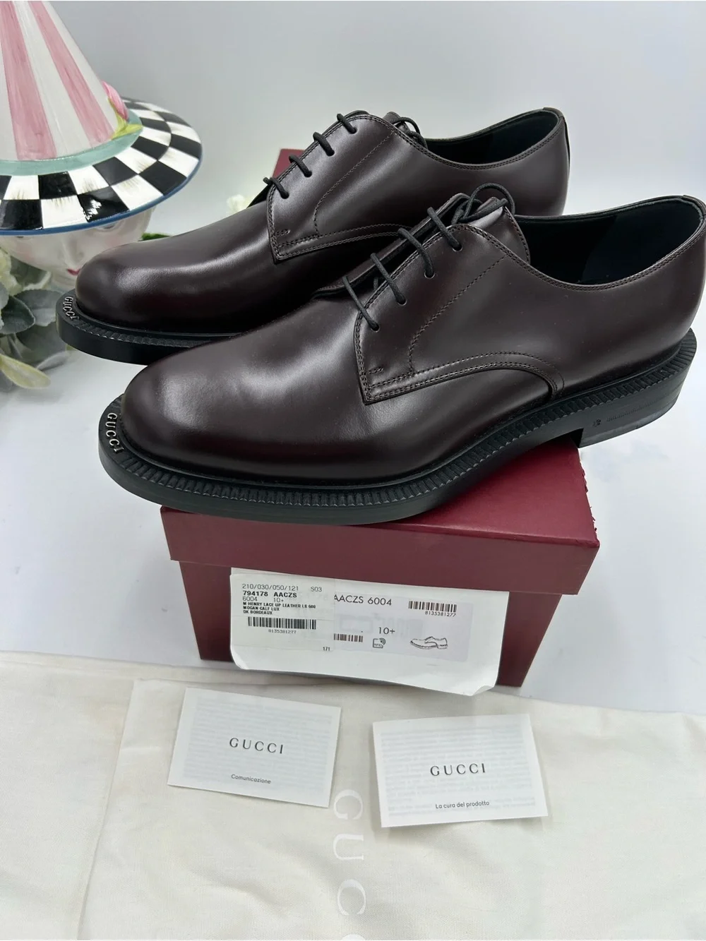 Men's Gucci logo lettering, Cordovan, Derby shoes size 10.5 fits 11 US NWT